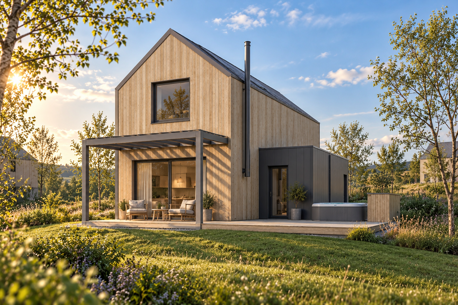 Architektonická vizualizácia Viladomu 2P s pergolou, terasou a vírivkou
