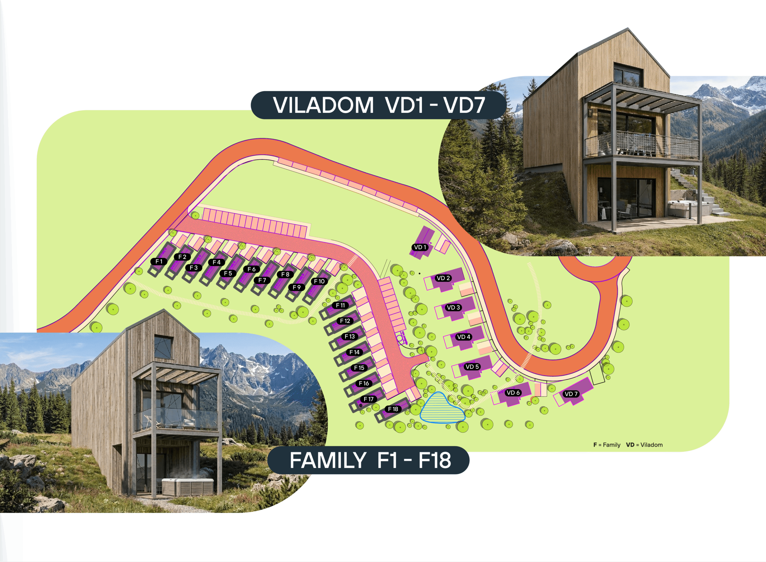 Situačný plán chát Family F1 až F18 a Viladom VD1 až VD7 v Demänová Rezorte